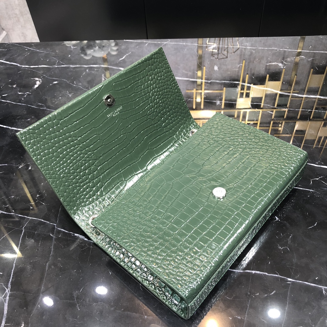 Saint Laurent Kate Tassel Medium Crocodile Embossed Calfskin Shoulder Bag Army Green 354119 Silver